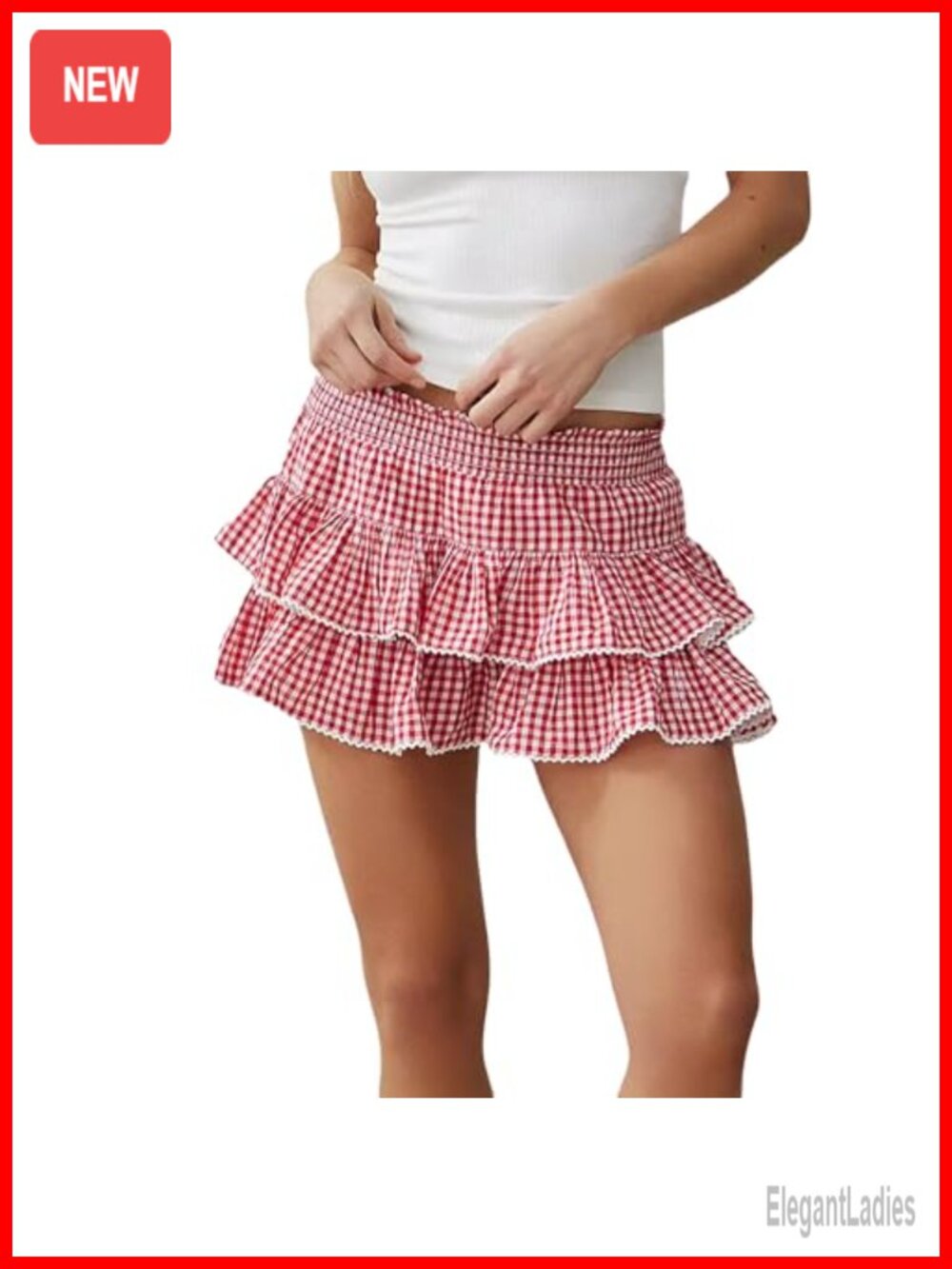 Polyester Plaid Ruffle Mini Skirt Y2K Gingham Pleated Layered Lace Trim